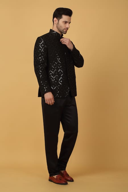 Shop_Aham-Vayam_Black Cotton, Silk Sequins Gulrez Jaal Embroidered Bandhgala _Online_at_Aza_Fashions