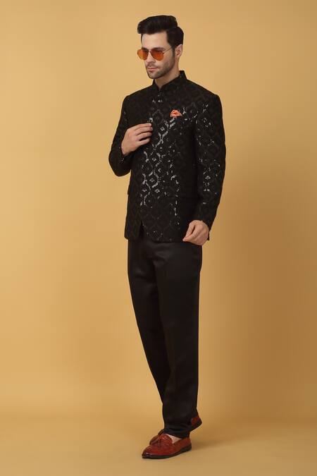 Aham-Vayam_Black Cotton, Silk Sequins Gulrez Jaal Embroidered Bandhgala _at_Aza_Fashions