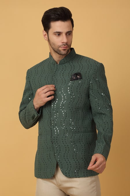 Buy_Aham-Vayam_Green Cotton, Silk Sequins Wave Embroidered Bandhgala _Online_at_Aza_Fashions
