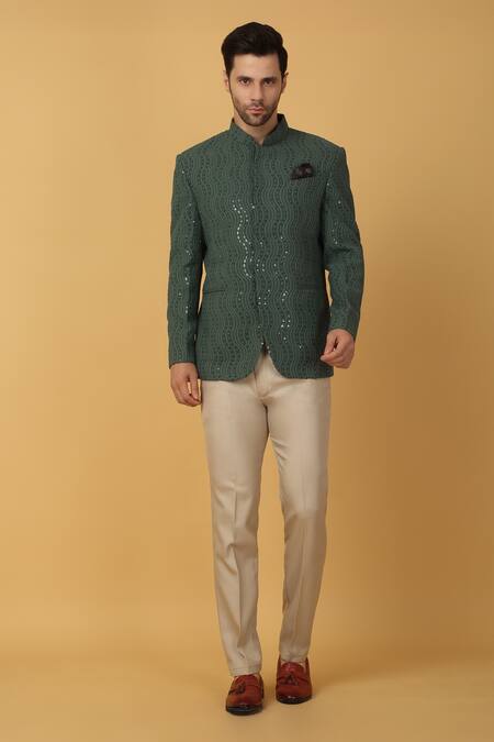 Shop_Aham-Vayam_Green Cotton, Silk Sequins Wave Embroidered Bandhgala _Online_at_Aza_Fashions