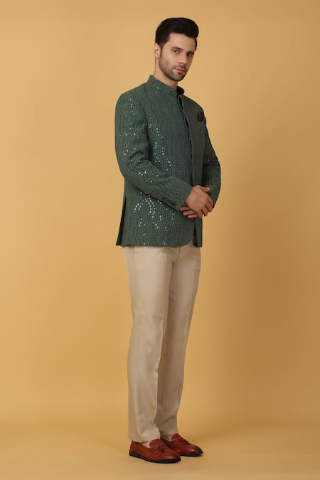 Aham-Vayam_Green Cotton, Silk Sequins Wave Embroidered Bandhgala _at_Aza_Fashions