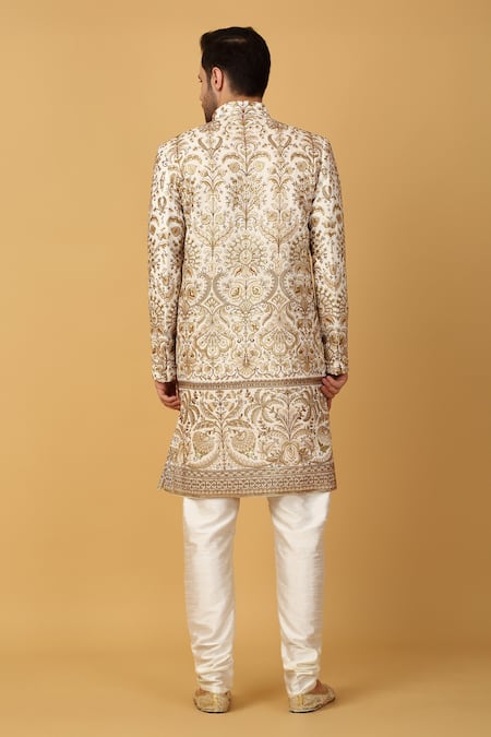 Aham-Vayam Ivory Gulshan Embroidered Sherwani Set 