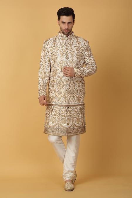 Shop_Aham-Vayam_Ivory Cotton, Silk Embroidery Gulshan Sherwani Set _Online_at_Aza_Fashions