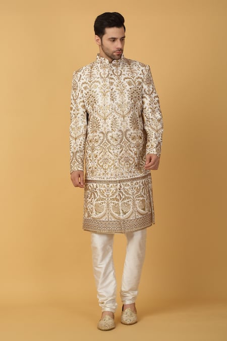 Aham-Vayam_Ivory Cotton, Silk Embroidery Gulshan Sherwani Set _at_Aza_Fashions