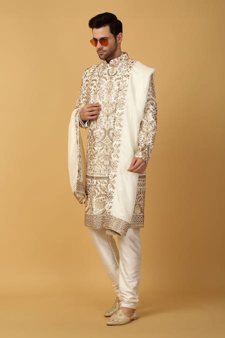 Buy_Aham-Vayam_Ivory Cotton, Silk Embroidery Gulshan Sherwani Set 