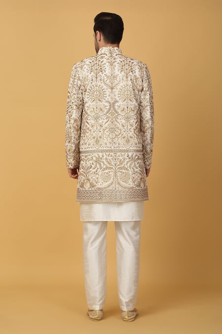 Aham-Vayam Ivory Floral Embroidered Sherwani Jacket Set 