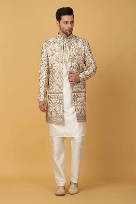 Shop_Aham-Vayam_Ivory , Silk, Satin Embroidery Floral Sherwani Jacket Set _Online_at_Aza_Fashions