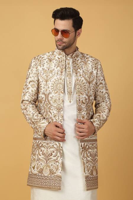 Aham-Vayam_Ivory , Silk, Satin Embroidery Floral Sherwani Jacket Set _at_Aza_Fashions