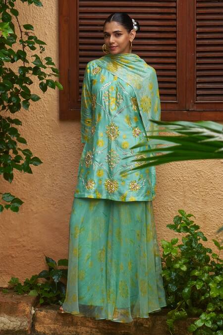 Archana Shah_Blue , Satin Pearls, Paisley Print And Embroidered Kurta & Sharara Set _Online_at_Aza_Fashions