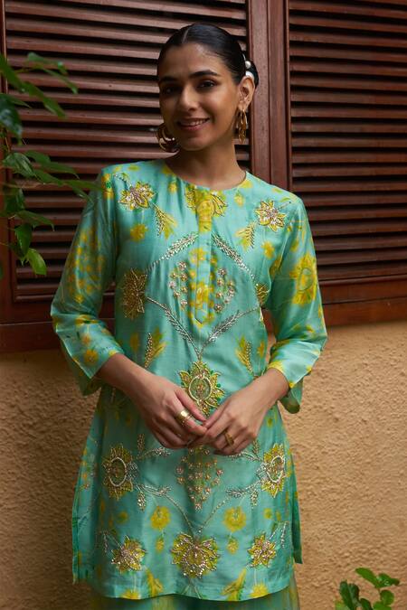 Shop_Archana Shah_Blue , Satin Pearls, Paisley Print And Embroidered Kurta & Sharara Set _Online_at_Aza_Fashions