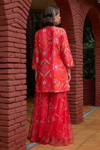 Shop Archana Shah Red , Satin Pearls, Gul Print Embroidered Kurta Set With Sharara at Aza Fashions Shop_Archana Shah_Red , Satin Pearls, Gul Print Embroidered Kurta Set With Sharara _at_Aza_Fashions