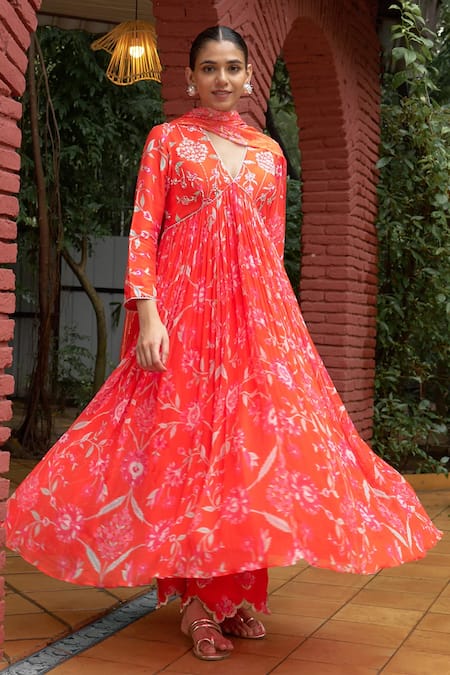 Archana Shah Blossom Print Embroidered Anarkali Set 