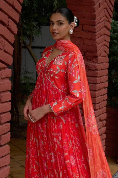 Shop_Archana Shah_Red Chiffon Zari, Sequins, Cut Work Blossom Print Embroidered Anarkali Set _Online_at_Aza_Fashions