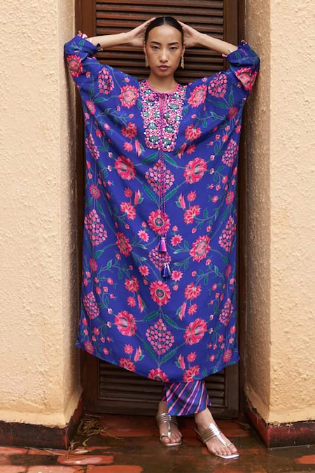 Archana Shah_Blue Crepe Embroidery Round Neck Bahar Print Luxe Kaftan _Online_at_Aza_Fashions
