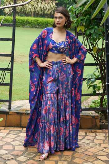 Archana Shah_Blue Lurex, Lace Embroidery Sweetheart Bahar Print Cape And Tiered Sharara Set _Online_at_Aza_Fashions