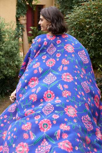 Buy_Archana Shah_Blue Lurex, Lace Embroidery Sweetheart Bahar Print Cape And Tiered Sharara Set _Online_at_Aza_Fashions