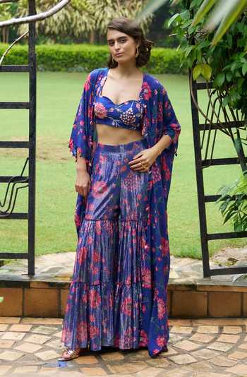Shop_Archana Shah_Blue Lurex, Lace Embroidery Sweetheart Bahar Print Cape And Tiered Sharara Set _Online_at_Aza_Fashions