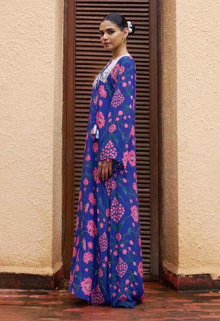 Buy Archana Shah Blue Lurex Embroidery Round Neck Gul Print Kaftan Online at Aza Fashions Buy_Archana Shah_Blue Lurex Embroidery Round Neck Gul Print Kaftan _Online_at_Aza_Fashions