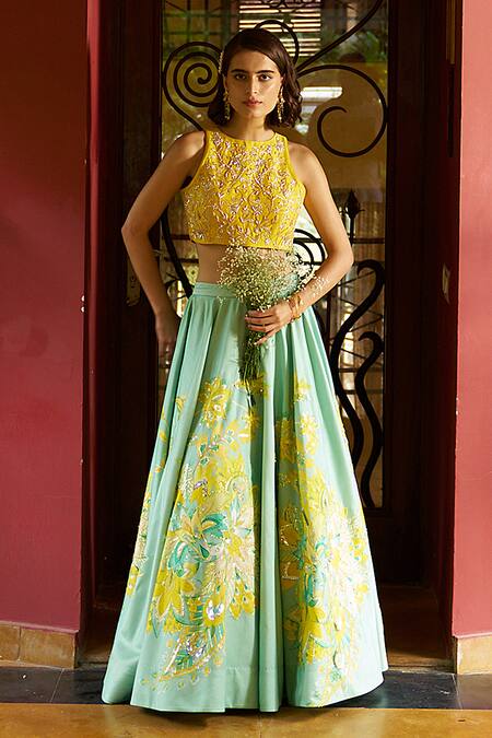 Buy Archana Shah Yellow Silk Zari, Embroidery Halter Florence Print And Embellished Lehenga Set Online at Aza Fashions Buy_Archana Shah_Yellow Silk Zari, Embroidery Halter Florence Print And Embellished Lehenga Set _Online_at_Aza_Fashions