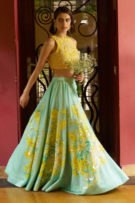 Shop Archana Shah Yellow Silk Zari, Embroidery Halter Florence Print And Embellished Lehenga Set Online at Aza Fashions Shop_Archana Shah_Yellow Silk Zari, Embroidery Halter Florence Print And Embellished Lehenga Set _Online_at_Aza_Fashions