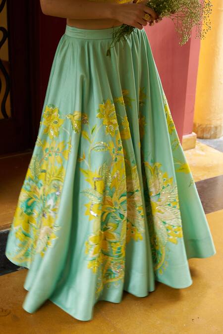 Buy Archana Shah Yellow Silk Zari, Embroidery Halter Florence Print And Embellished Lehenga Set Buy_Archana Shah_Yellow Silk Zari, Embroidery Halter Florence Print And Embellished Lehenga Set