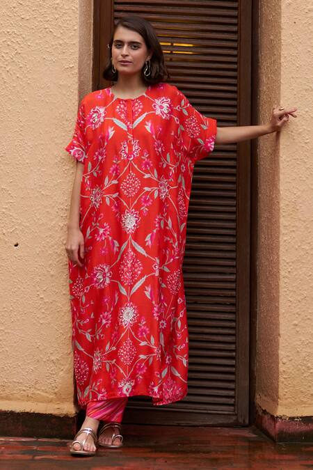 Buy_Archana Shah_Orange Lurex, Silk, Lace Pearls, Floral Printed Zardozi Kurta And Pant Set _Online_at_Aza_Fashions