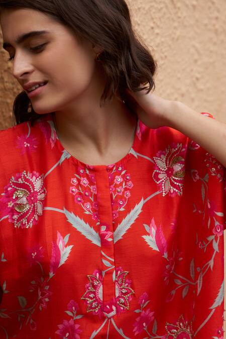 Archana Shah_Orange Lurex, Silk, Lace Pearls, Floral Printed Zardozi Kurta And Pant Set _at_Aza_Fashions