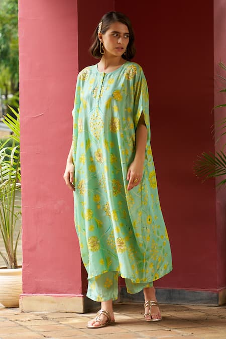 Archana Shah Blue Lace, Lurex Pearls, Sequins Round Zardozi Embroidered Kurta And Pant Set Online at Aza Fashions Archana Shah_Blue Lace, Lurex Pearls, Sequins Round Zardozi Embroidered Kurta And Pant Set _Online_at_Aza_Fashions