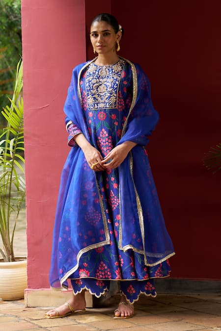 Shop_Archana Shah_Blue Silk Embroidery Round Neck Floral Zardozi Anarkali And Pant Set _Online_at_Aza_Fashions