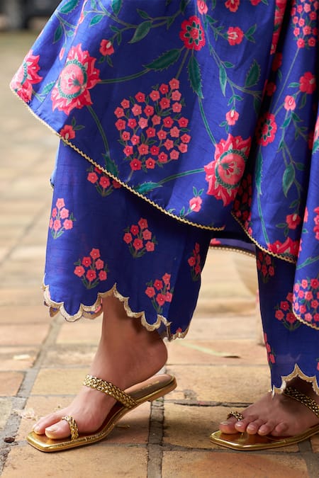 Buy_Archana Shah_Blue Silk Embroidery Round Neck Floral Zardozi Anarkali And Pant Set 