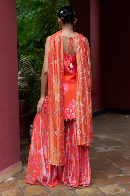 Shop Archana Shah Orange Silk Embroidery Round Neck Kurta Sharara Set at Aza Fashions Shop_Archana Shah_Orange Silk Embroidery Round Neck Kurta Sharara Set _at_Aza_Fashions