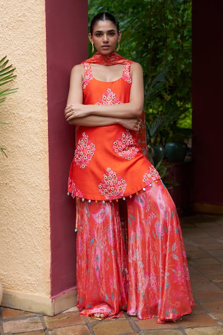 Buy Archana Shah Orange Silk Embroidery Round Neck Kurta Sharara Set Online at Aza Fashions Buy_Archana Shah_Orange Silk Embroidery Round Neck Kurta Sharara Set _Online_at_Aza_Fashions