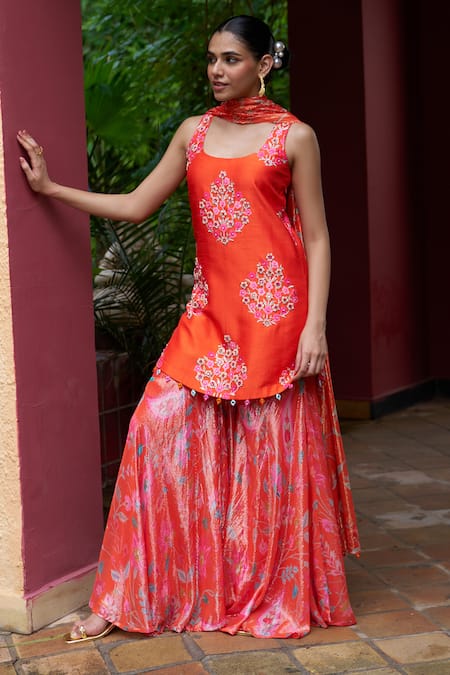Shop Archana Shah Orange Silk Embroidery Round Neck Kurta Sharara Set Online at Aza Fashions Shop_Archana Shah_Orange Silk Embroidery Round Neck Kurta Sharara Set _Online_at_Aza_Fashions