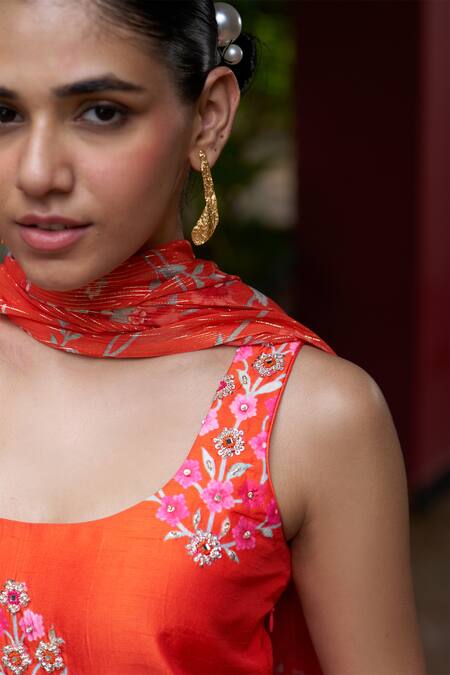 Archana Shah Orange Silk Embroidery Round Neck Kurta Sharara Set at Aza Fashions Archana Shah_Orange Silk Embroidery Round Neck Kurta Sharara Set _at_Aza_Fashions