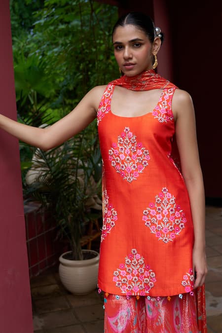 Buy Archana Shah Orange Silk Embroidery Round Neck Kurta Sharara Set Buy_Archana Shah_Orange Silk Embroidery Round Neck Kurta Sharara Set