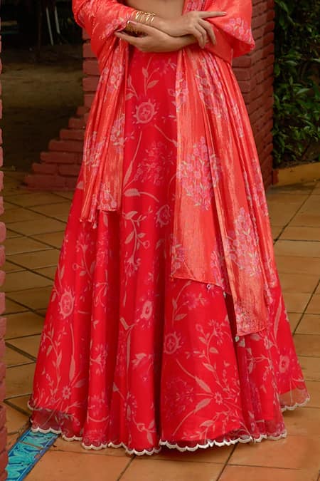 Archana Shah Orange Organza Zari, Embroidery Square Neck Floral Print Lehenga Set Online at Aza Fashions Archana Shah_Orange Organza Zari, Embroidery Square Neck Floral Print Lehenga Set _Online_at_Aza_Fashions