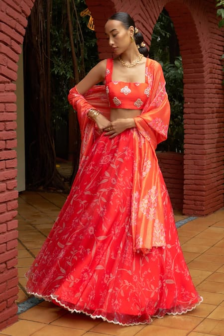 Buy Archana Shah Orange Organza Zari, Embroidery Square Neck Floral Print Lehenga Set Online at Aza Fashions Buy_Archana Shah_Orange Organza Zari, Embroidery Square Neck Floral Print Lehenga Set _Online_at_Aza_Fashions