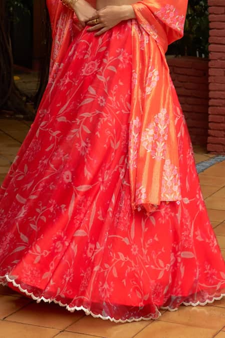 Shop Archana Shah Orange Organza Zari, Embroidery Square Neck Floral Print Lehenga Set Online at Aza Fashions Shop_Archana Shah_Orange Organza Zari, Embroidery Square Neck Floral Print Lehenga Set _Online_at_Aza_Fashions