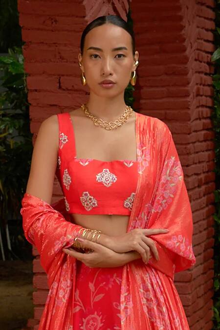 Buy Archana Shah Orange Organza Zari, Embroidery Square Neck Floral Print Lehenga Set Buy_Archana Shah_Orange Organza Zari, Embroidery Square Neck Floral Print Lehenga Set