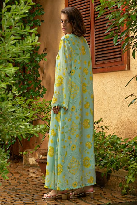 Shop Archana Shah Blue Crepe Zari, Embroidery Round Neck Floral Maxi Dress at Aza Fashions Shop_Archana Shah_Blue Crepe Zari, Embroidery Round Neck Floral Maxi Dress _at_Aza_Fashions