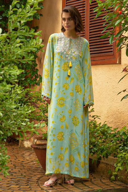 Buy Archana Shah Blue Crepe Zari, Embroidery Round Neck Floral Maxi Dress Online at Aza Fashions Buy_Archana Shah_Blue Crepe Zari, Embroidery Round Neck Floral Maxi Dress _Online_at_Aza_Fashions