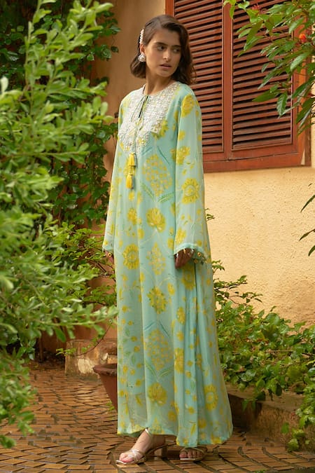 Shop Archana Shah Blue Crepe Zari, Embroidery Round Neck Floral Maxi Dress Online at Aza Fashions Shop_Archana Shah_Blue Crepe Zari, Embroidery Round Neck Floral Maxi Dress _Online_at_Aza_Fashions