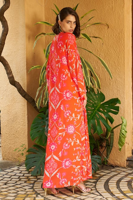 Shop Archana Shah Orange Lace Embroidery Round Neck Floral Maxi Dress at Aza Fashions Shop_Archana Shah_Orange Lace Embroidery Round Neck Floral Maxi Dress _at_Aza_Fashions