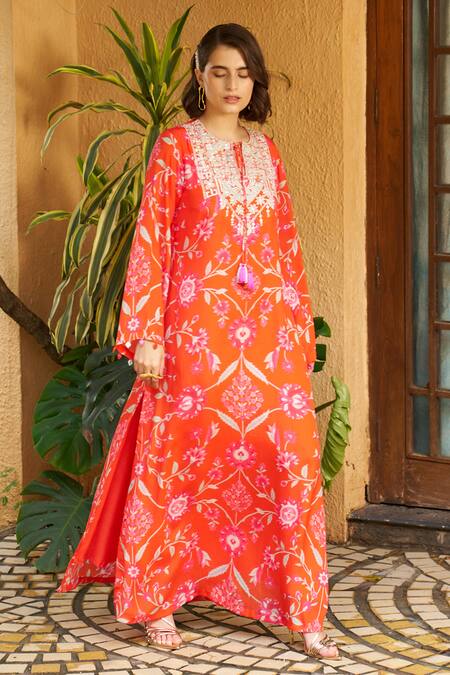 Buy Archana Shah Orange Lace Embroidery Round Neck Floral Maxi Dress Online at Aza Fashions Buy_Archana Shah_Orange Lace Embroidery Round Neck Floral Maxi Dress _Online_at_Aza_Fashions