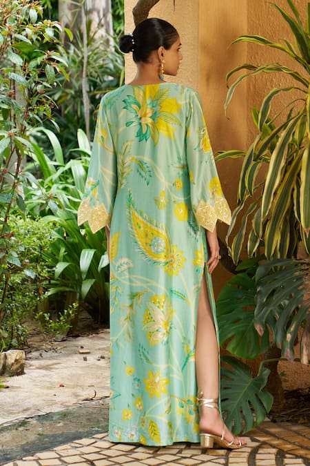 Shop_Archana Shah_Blue Lace Embroidery, Zari Split V-neck Floral Print Luxe Crepe Kaftan _at_Aza_Fashions