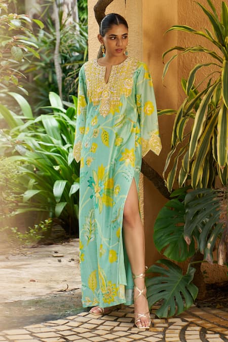 Buy_Archana Shah_Blue Lace Embroidery, Zari Split V-neck Floral Print Luxe Crepe Kaftan _Online_at_Aza_Fashions