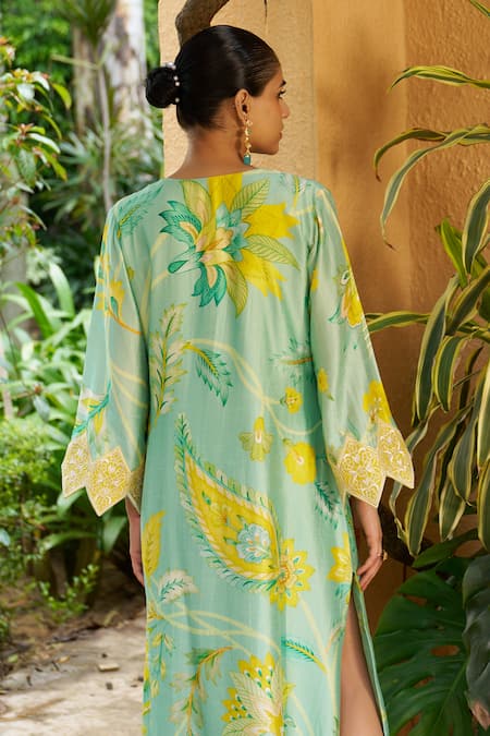 Shop_Archana Shah_Blue Lace Embroidery, Zari Split V-neck Floral Print Luxe Crepe Kaftan _Online_at_Aza_Fashions