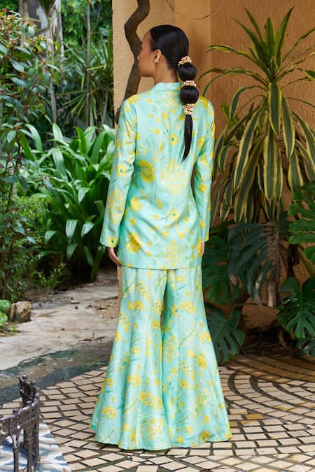 Shop Archana Shah Blue Crepe Embroidery, Zari Floral Print Blazer And Sharara Set at Aza Fashions Shop_Archana Shah_Blue Crepe Embroidery, Zari Floral Print Blazer And Sharara Set _at_Aza_Fashions