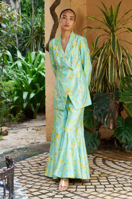 Archana Shah Blue Crepe Embroidery, Zari Floral Print Blazer And Sharara Set Online at Aza Fashions Archana Shah_Blue Crepe Embroidery, Zari Floral Print Blazer And Sharara Set _Online_at_Aza_Fashions