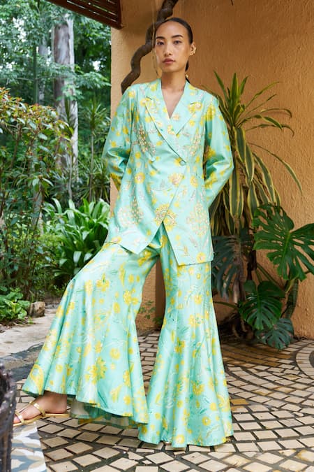 Buy Archana Shah Blue Crepe Embroidery, Zari Floral Print Blazer And Sharara Set Online at Aza Fashions Buy_Archana Shah_Blue Crepe Embroidery, Zari Floral Print Blazer And Sharara Set _Online_at_Aza_Fashions